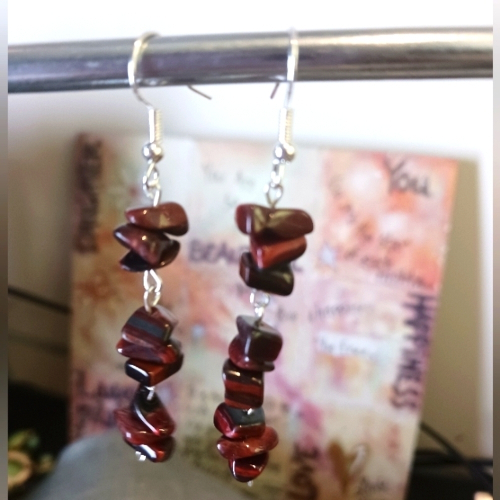 Red Tigers Eye Dangling Earrings - New Item (2") Boho BOHEMIAN Dark Brown